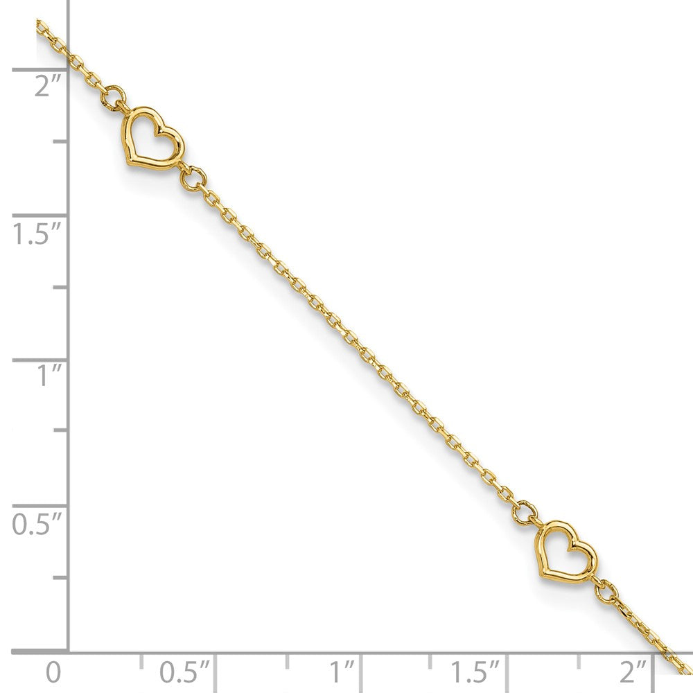 14k Yellow Gold 4.96 mm Heart in Plus 1in ext. Anklet (1.35 grams)
