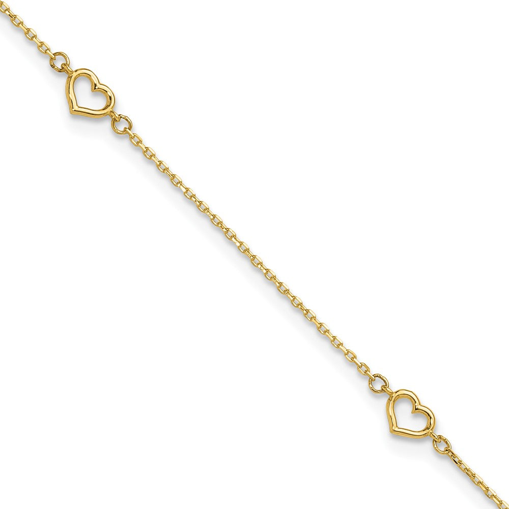 14k Yellow Gold 4.96 mm Heart in Plus 1in ext. Anklet (1.35 grams)