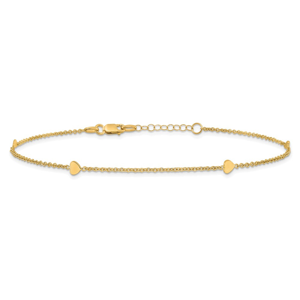 14k Yellow Gold 4.22 mm Polished Hearts in Plus 1in ext. Anklet (2.04 grams)