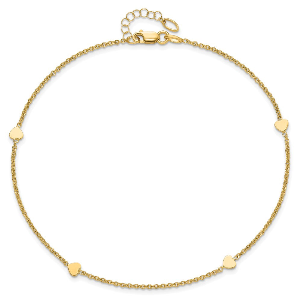 14k Yellow Gold 4.22 mm Polished Hearts in Plus 1in ext. Anklet (2.04 grams)