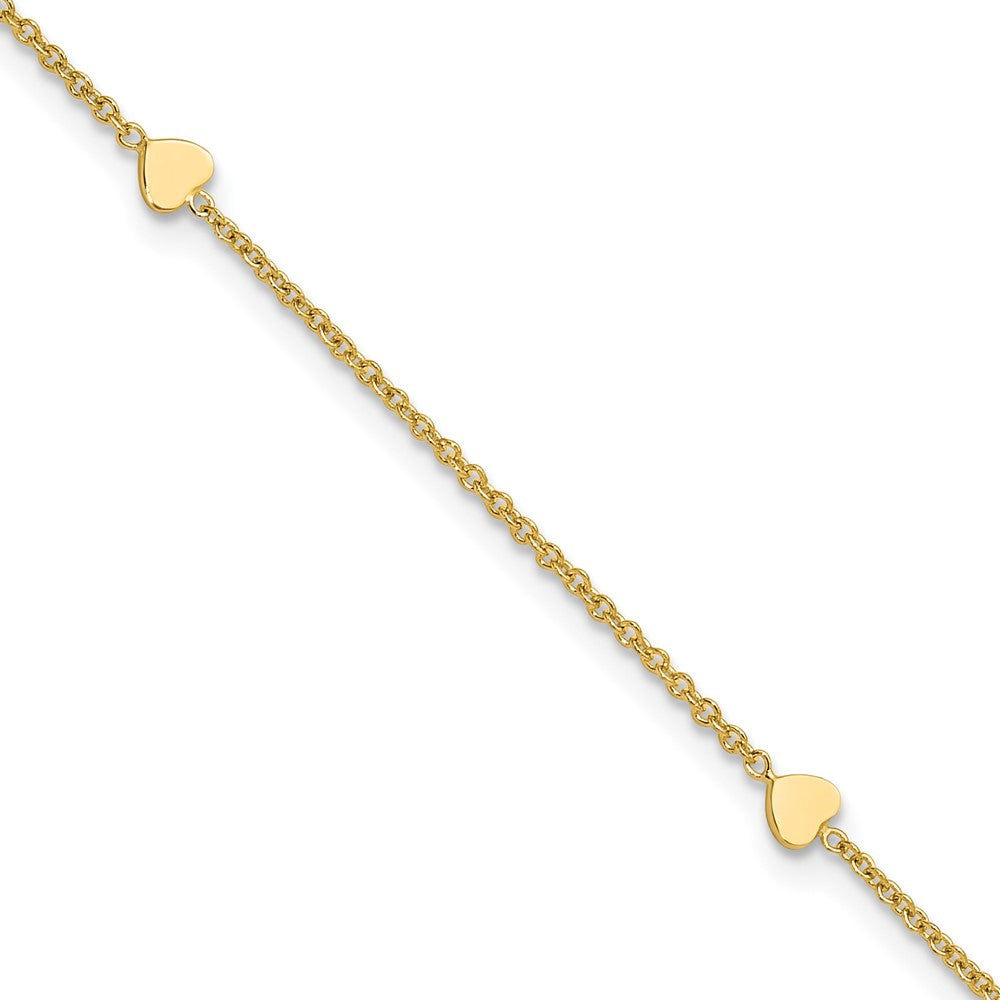 14k Yellow Gold 4.22 mm Polished Hearts in Plus 1in ext. Anklet (2.04 grams)