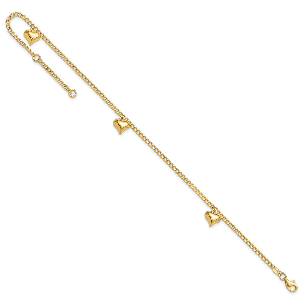14k Yellow Gold 9 mm Polished 3 Puffed Heart in Plus 1in ext Anklet (2.83 grams)