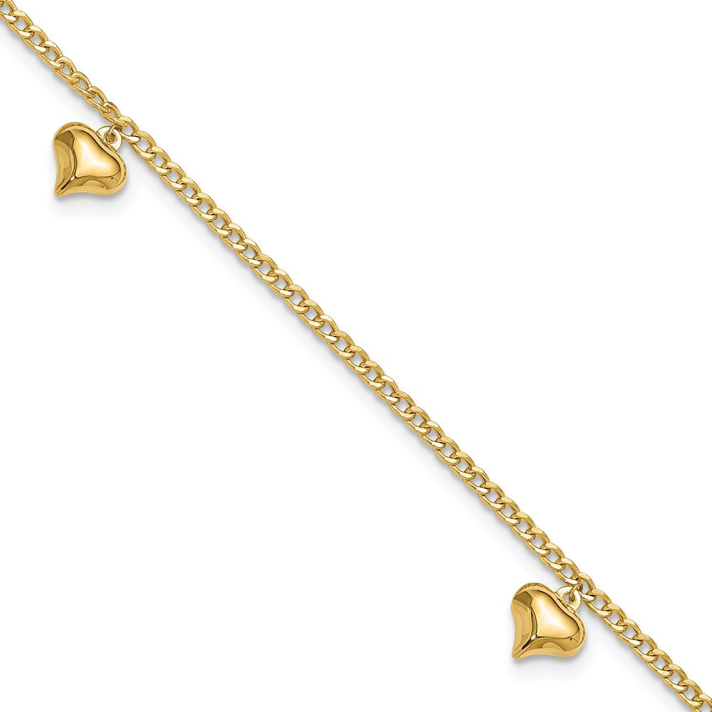 14k Yellow Gold 9 mm Polished 3 Puffed Heart in Plus 1in ext Anklet (2.83 grams)