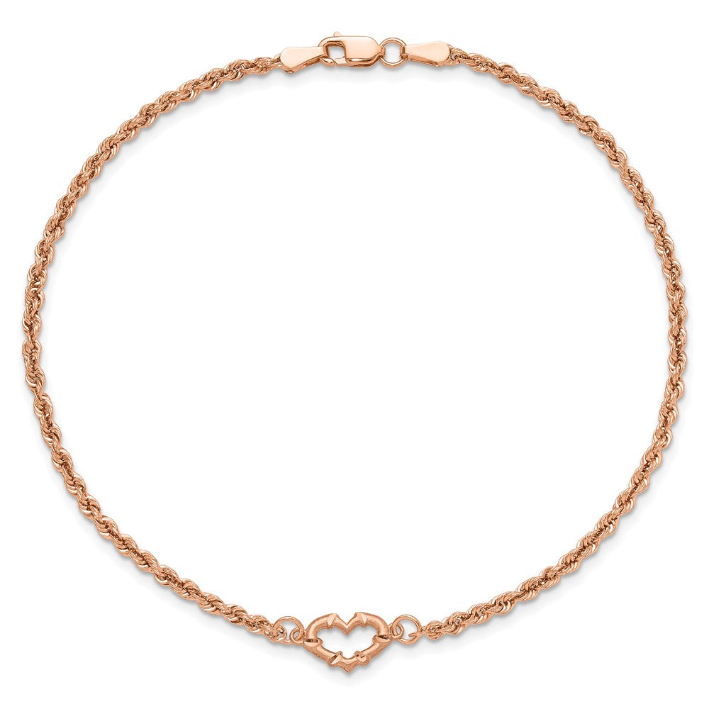 14k Rose Gold 10 mm Diamod-cut Rope with Heart in Anklet (1.82 grams)