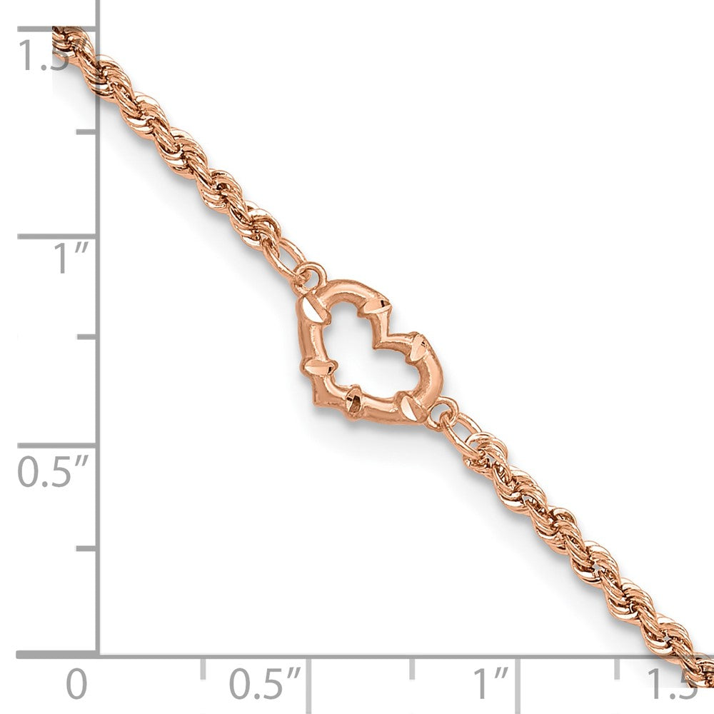 14k Rose Gold 10 mm Diamod-cut Rope with Heart in Anklet (1.82 grams)