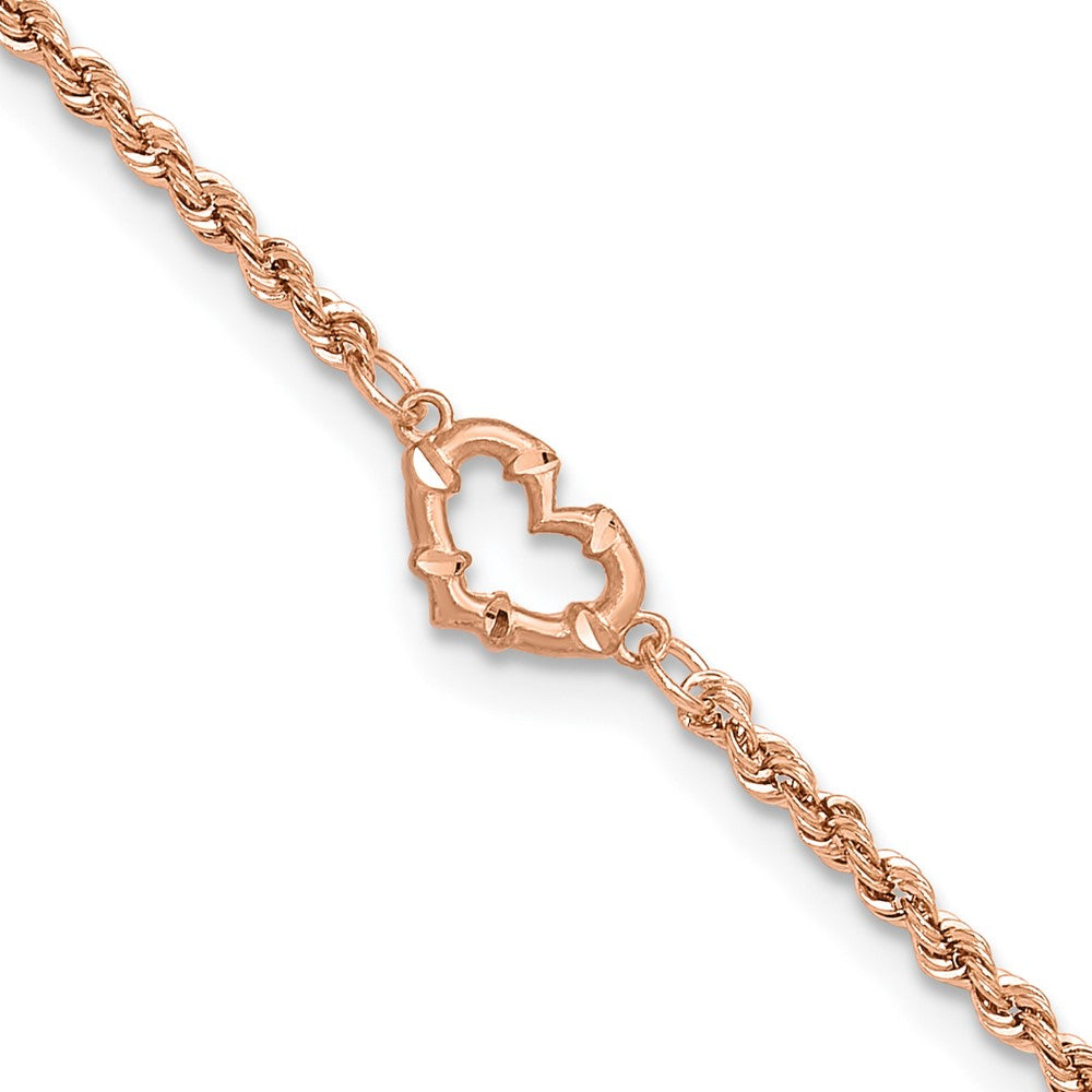 14k Rose Gold 7 mm Diamond-cut Rope with Heart in Anklet (1.95 grams)