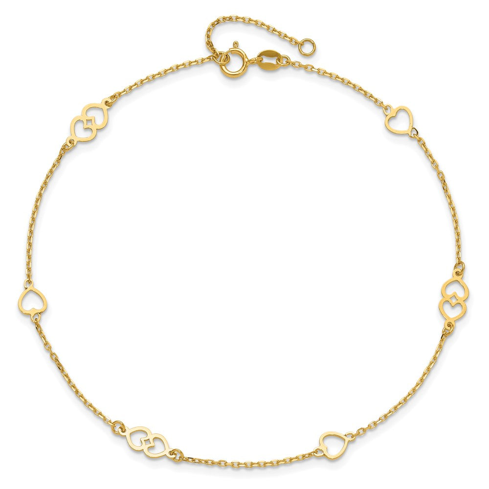 14k Yellow Gold 1 mm 4K Polished Hearts in Plus in ext. Anklet (1.26 grams)