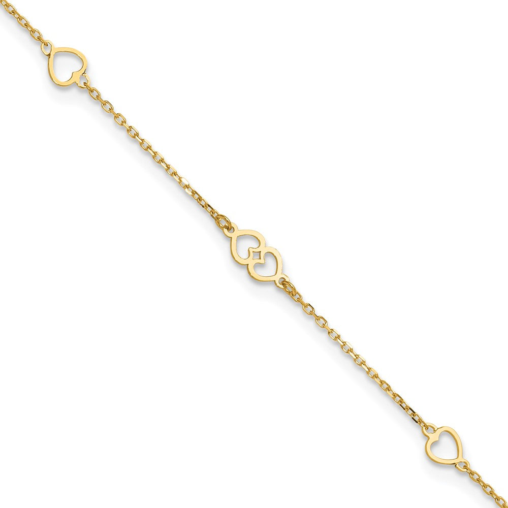 14k Yellow Gold 1 mm 4K Polished Hearts in Plus in ext. Anklet (1.26 grams)