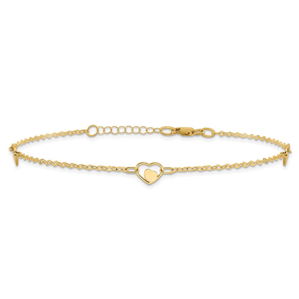 14k Yellow Gold 1.25 mm Polished Heart in Plus 1in ext Anklet (1.88 grams)