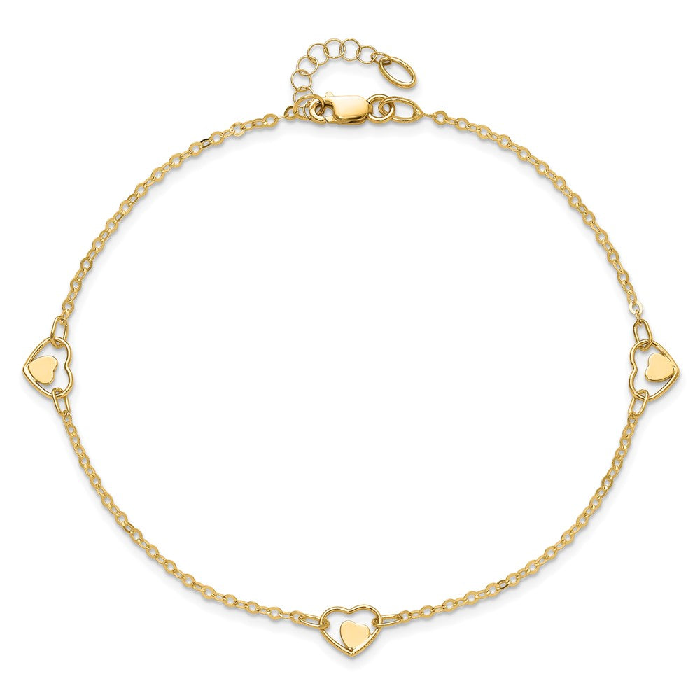 14k Yellow Gold 1.25 mm Polished Heart in Plus 1in ext Anklet (1.88 grams)