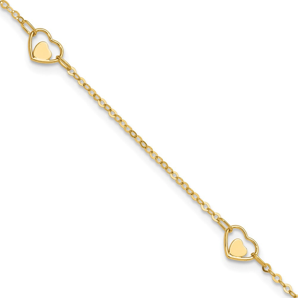 14k Yellow Gold 1.25 mm Polished Heart in Plus 1in ext Anklet (1.88 grams)