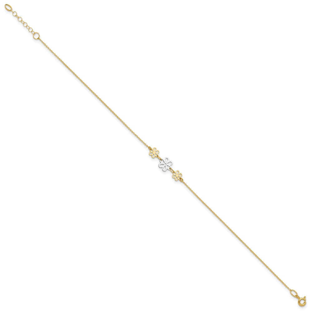 14k Two-tone 0.75 mm Two-tone Polished Three Flower in Plus 1in ext Anklet (1.33 grams)