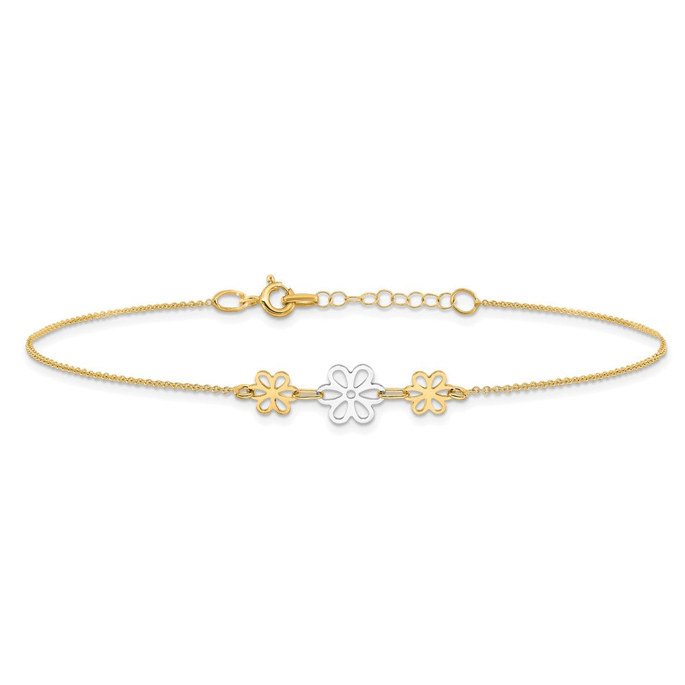 14k Two-tone 0.75 mm Two-tone Polished Three Flower in Plus 1in ext Anklet (1.33 grams)