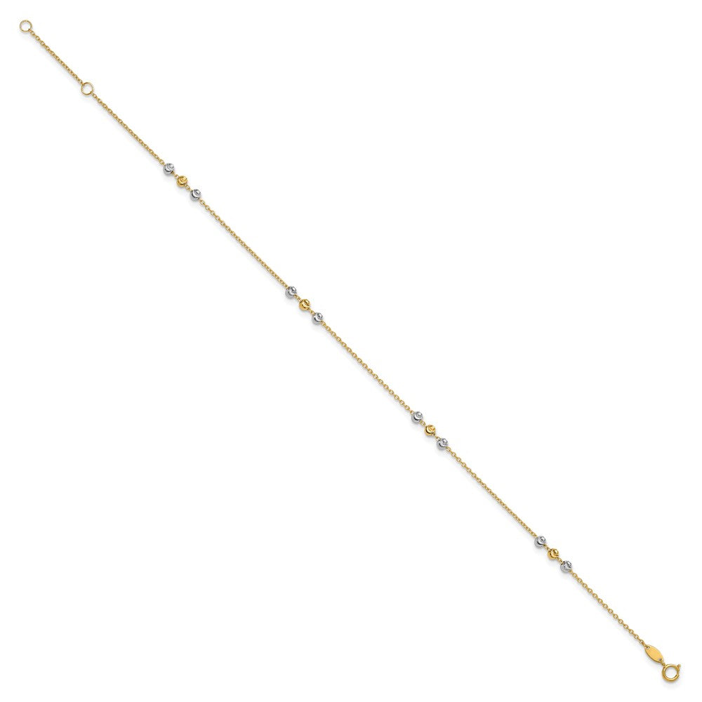 14k Two-tone 0.75 mm Two-tone Polished Diamond-cut Beaded in Plus 1 in ext. Anklet (1.8 grams)