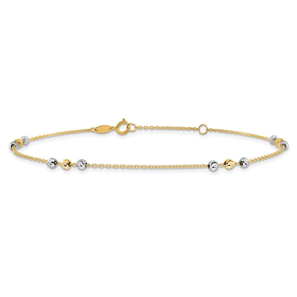 14k Two-tone 0.75 mm Two-tone Polished Diamond-cut Beaded in Plus 1 in ext. Anklet (1.8 grams)