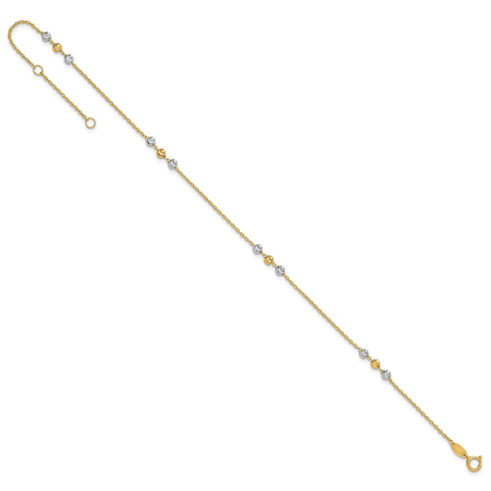 14k Two-tone 0.75 mm Two-tone Polished Diamond-cut Beaded in Plus 1 in ext. Anklet (1.8 grams)