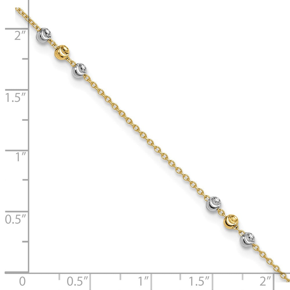 14k Two-tone 0.75 mm Two-tone Polished Diamond-cut Beaded in Plus 1 in ext. Anklet (1.8 grams)