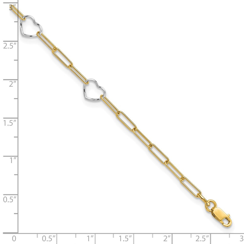14k Two-tone 6.75 mm Two-tone Paperclip Link Heart 9in Plus 1in ext. Anklet (2.69 grams)