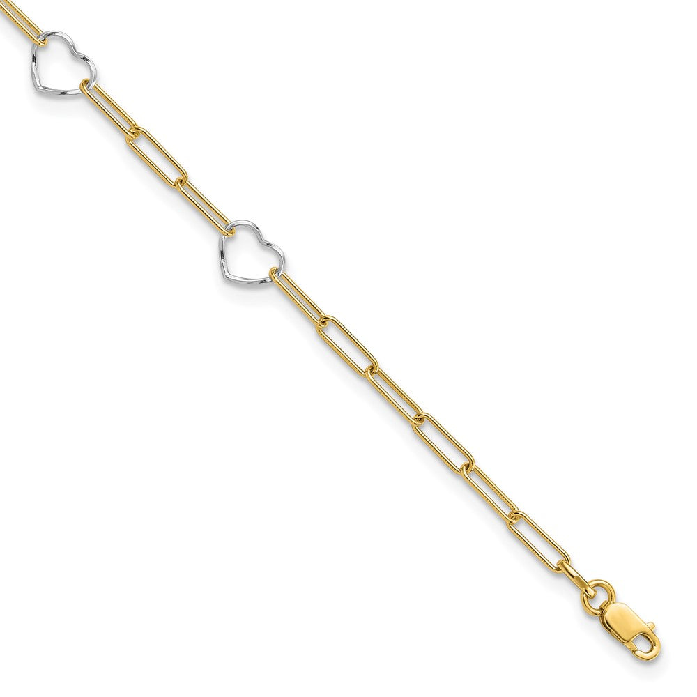14k Two-tone 6.75 mm Two-tone Paperclip Link Heart 9in Plus 1in ext. Anklet (2.69 grams)