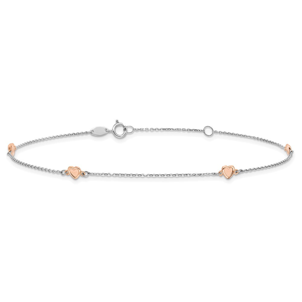 14K White/Rose Gold 4 mm Two-tone White and Rose Satin Hearts 9in Plus 1in ext. Anklet (1.04 grams)