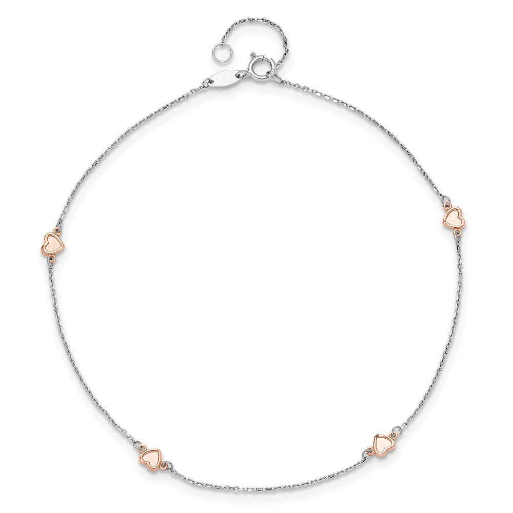 14K White/Rose Gold 4 mm Two-tone White and Rose Satin Hearts 9in Plus 1in ext. Anklet (1.04 grams)