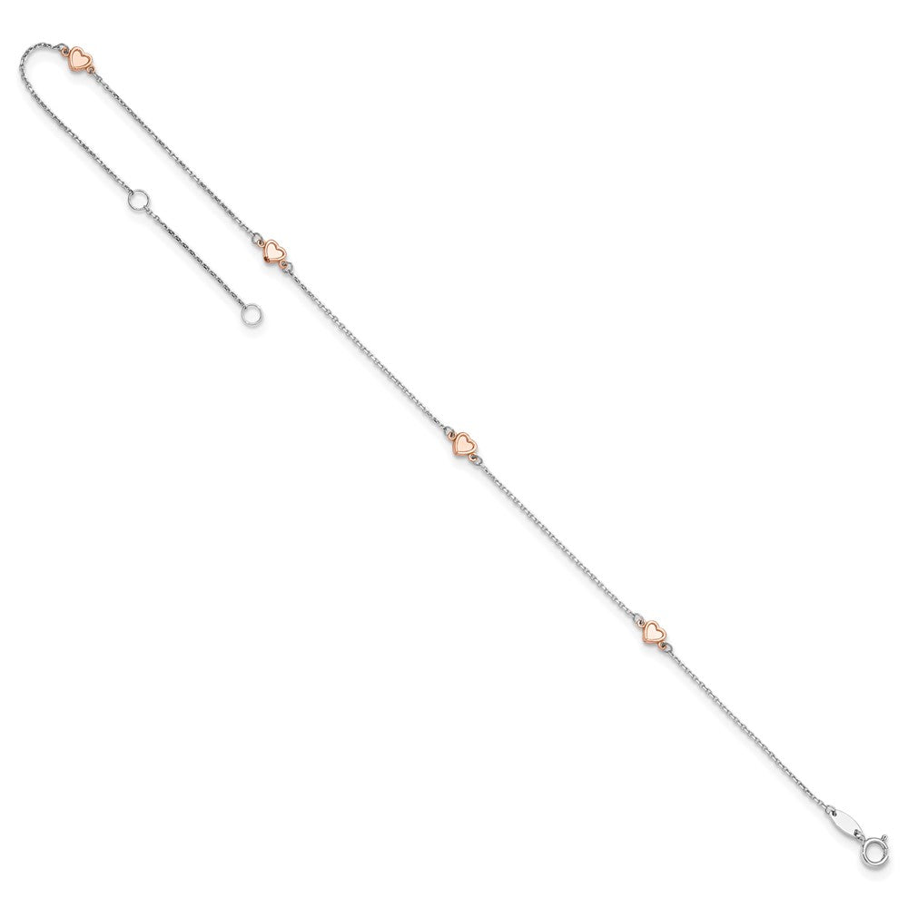 14K White/Rose Gold 4 mm Two-tone White and Rose Satin Hearts 9in Plus 1in ext. Anklet (1.04 grams)