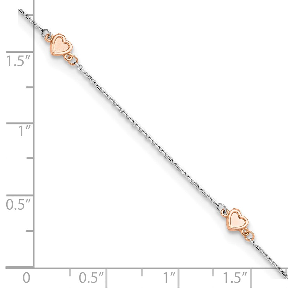 14K White/Rose Gold 4 mm Two-tone White and Rose Satin Hearts 9in Plus 1in ext. Anklet (1.04 grams)
