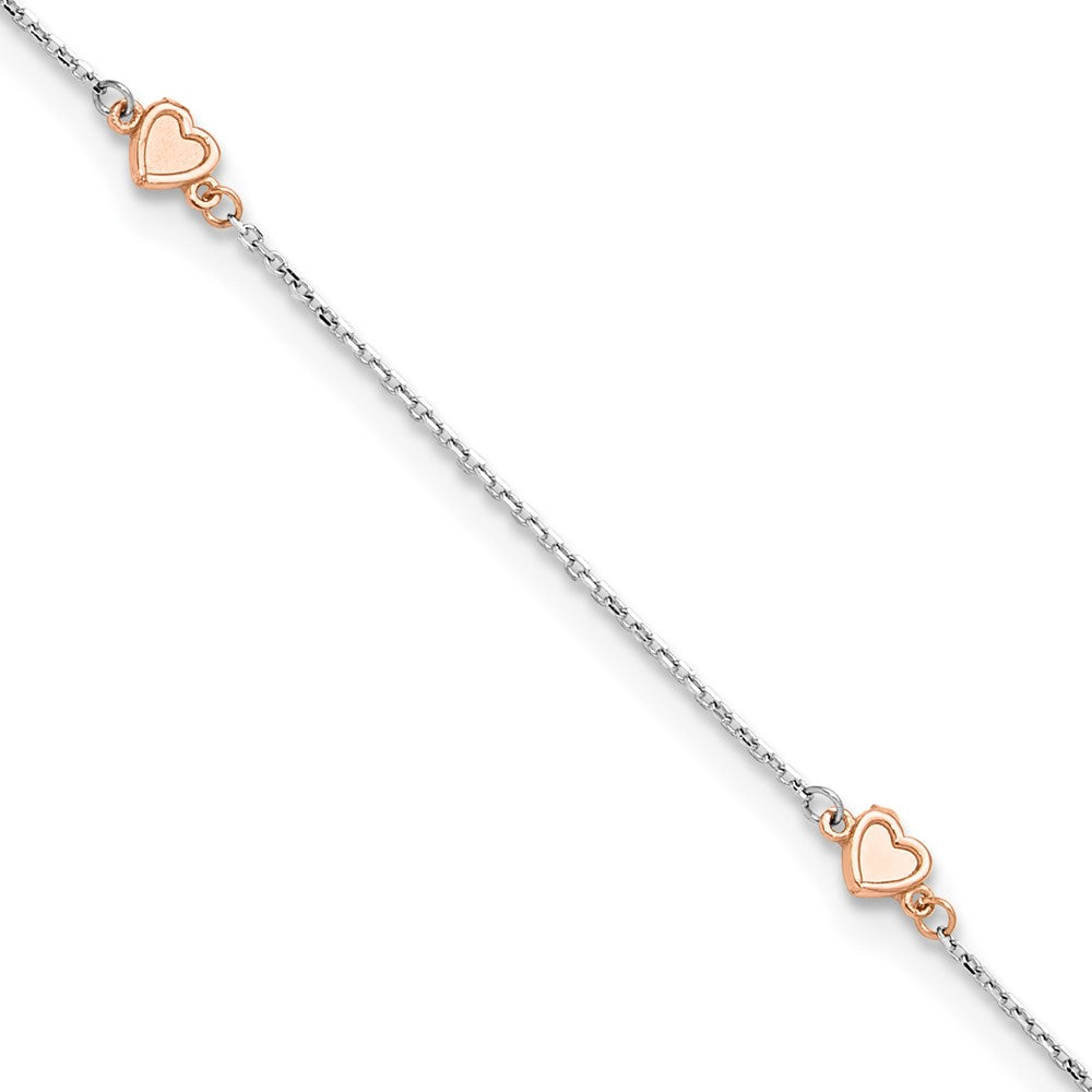 14K White/Rose Gold 4 mm Two-tone White and Rose Satin Hearts 9in Plus 1in ext. Anklet (1.04 grams)