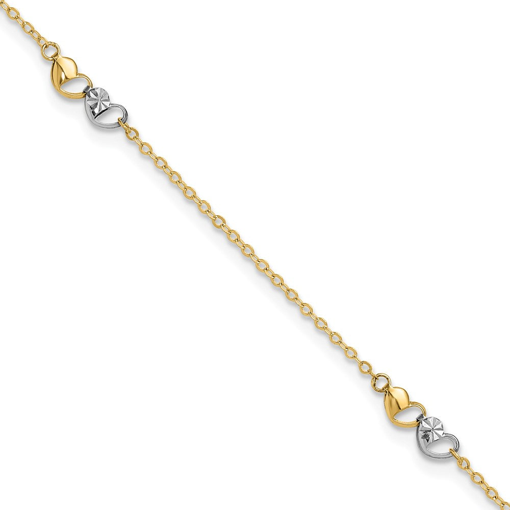 14k Two-tone 4.39 mm Polished and D/C Hearts 9in Plus 1in ext. Anklet (1.17 grams)