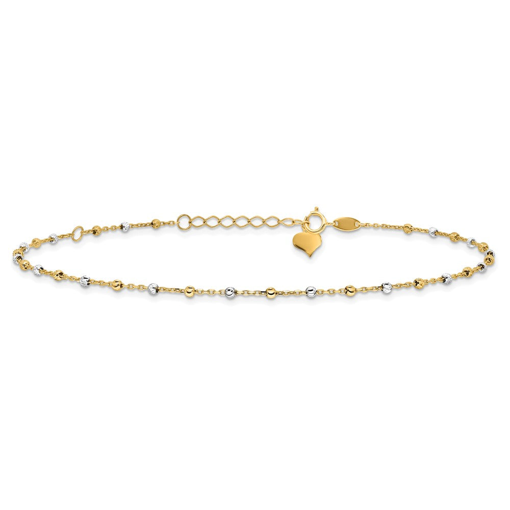 14k Two-tone 0.75 mm Two-tone Polished and Diamond-cut Beads 10in Plus 1in ext. Anklet (1.66 grams)