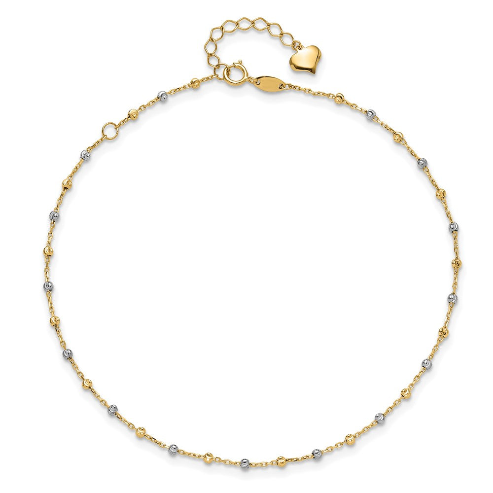 14k Two-tone 0.75 mm Two-tone Polished and Diamond-cut Beads 10in Plus 1in ext. Anklet (1.66 grams)