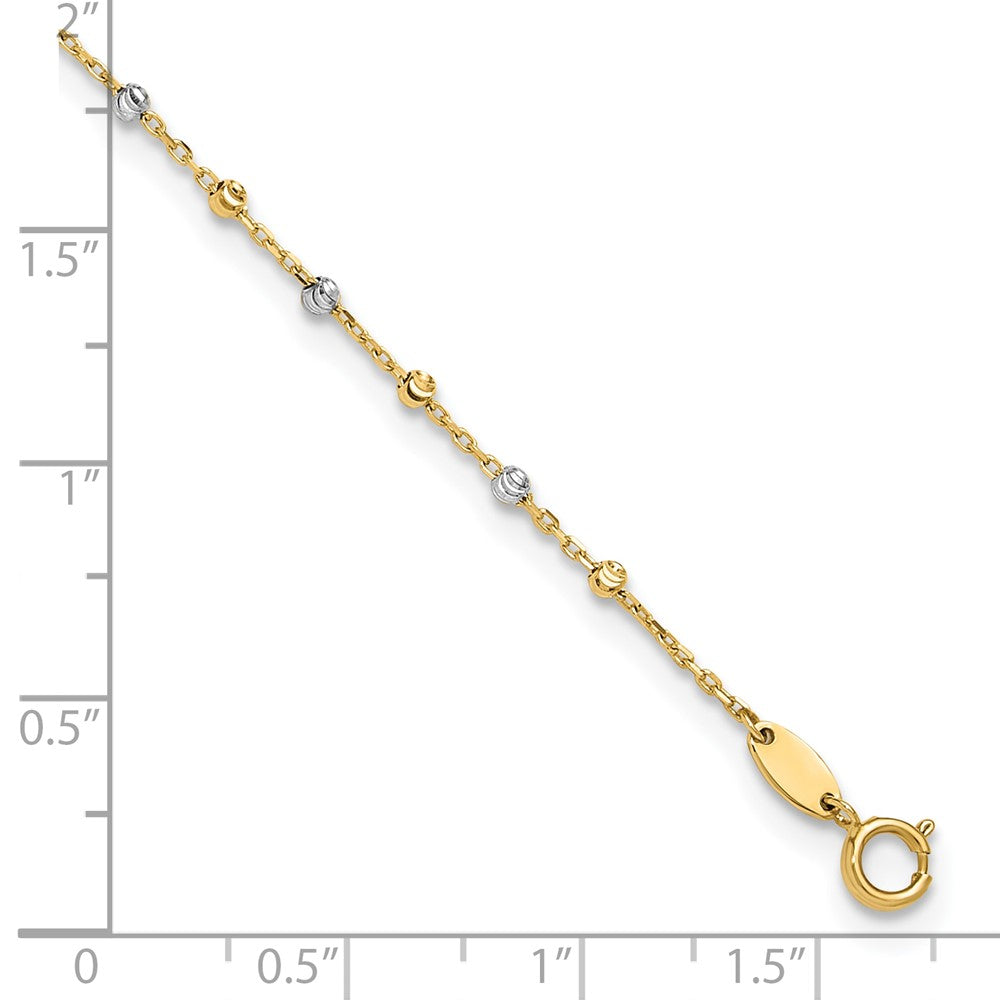 14k Two-tone 0.75 mm Two-tone Polished and Diamond-cut Beads 10in Plus 1in ext. Anklet (1.66 grams)