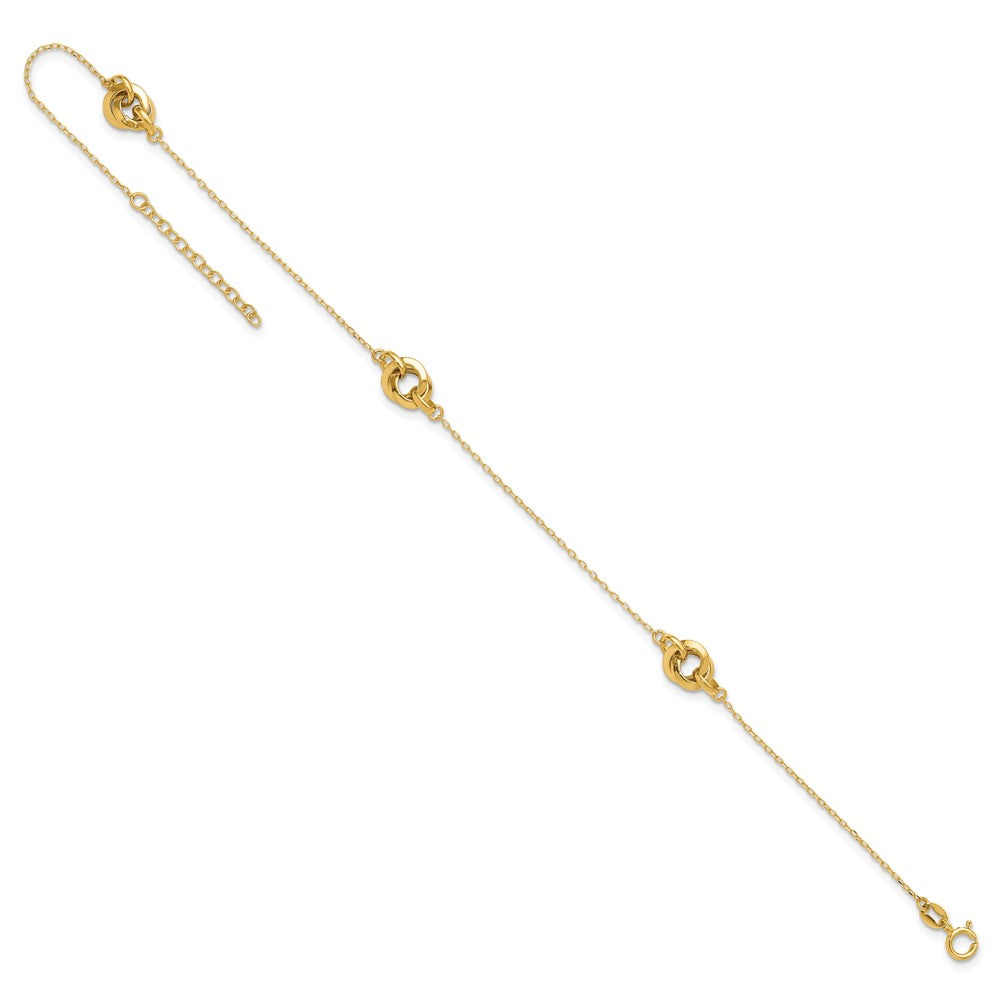 14k Yellow Gold 6.35 mm Polished Three Station Fancy Link 9in Plus 1in extension Anklet (1.38 grams)