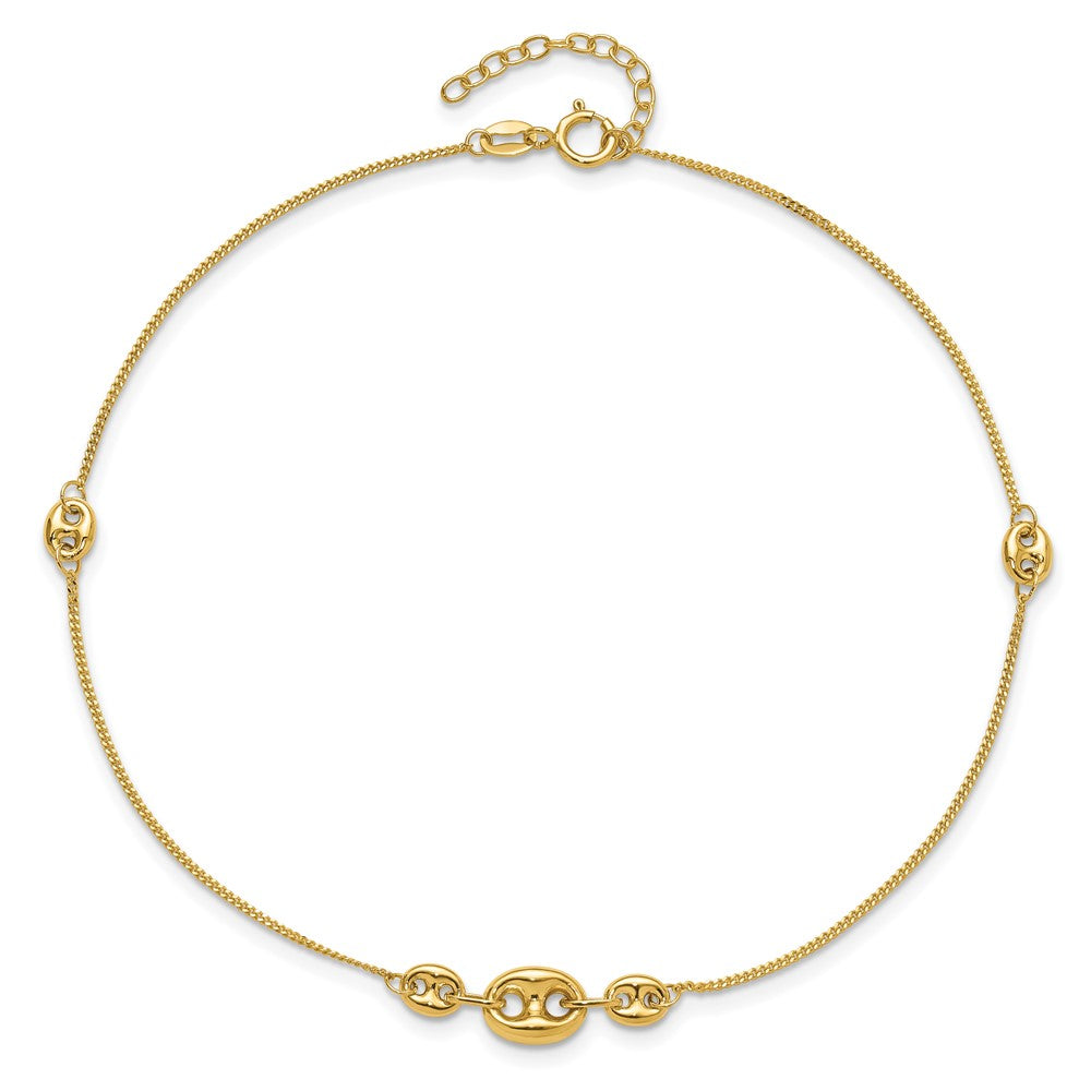 14k Yellow Gold 6 mm Polished Fancy Link Three Station 9in Plus 1in extension Anklet (1.21 grams)
