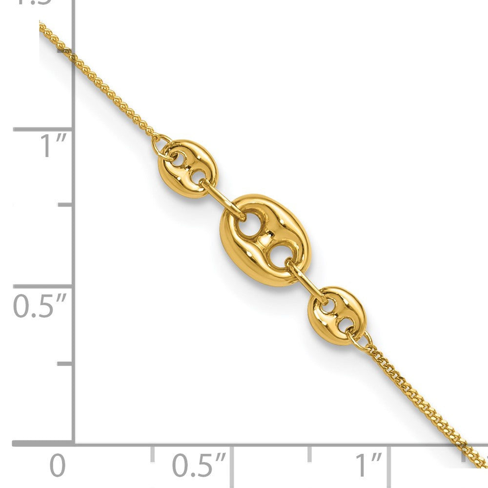 14k Yellow Gold 6 mm Polished Fancy Link Three Station 9in Plus 1in extension Anklet (1.21 grams)