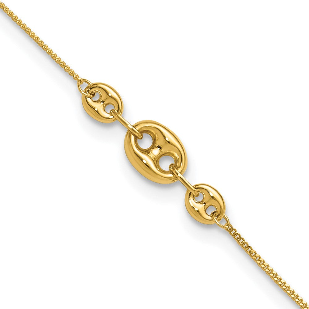 14k Yellow Gold 6 mm Polished Fancy Link Three Station 9in Plus 1in extension Anklet (1.21 grams)