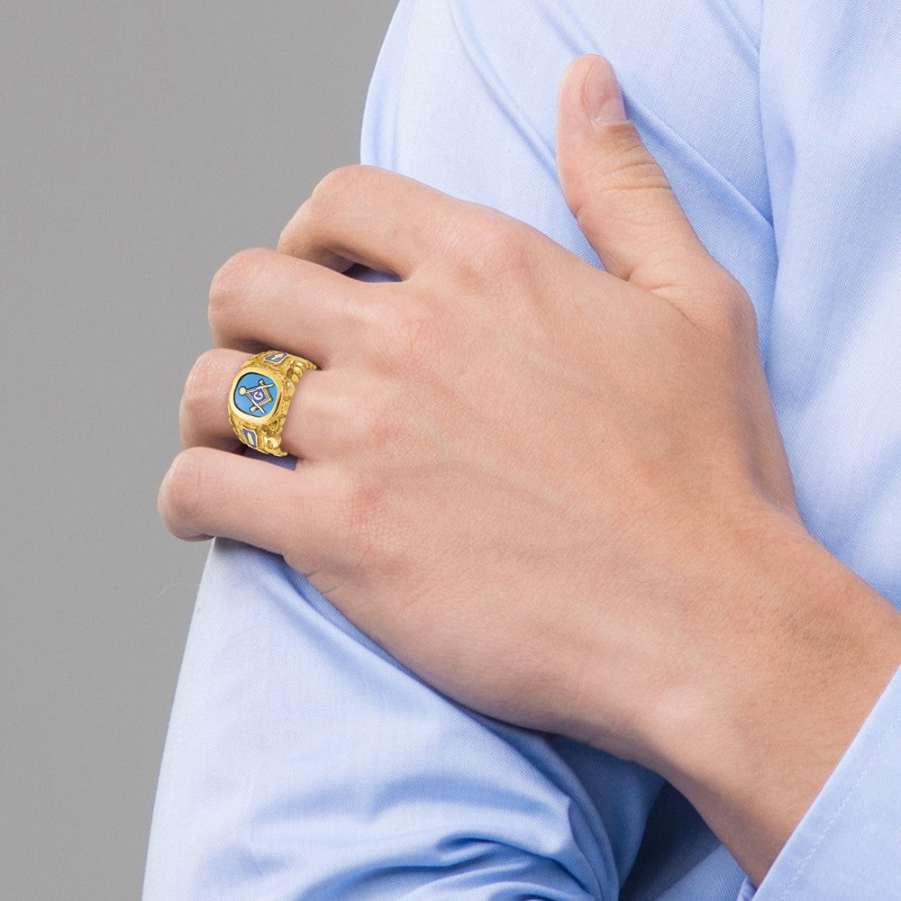 IBGoodman 10k Men's Polished and Nugget Textured with Blue Enamel and Lab Created Sapphire Blue Lodge Master Masonic Ring (8.22 grams)