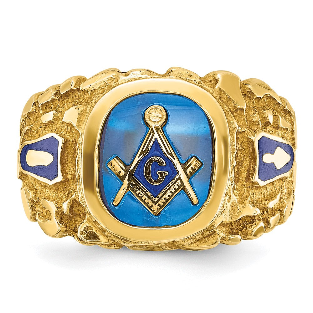 IBGoodman 14k Men's Polished and Nugget Textured with Blue Enamel and Lab Created Sapphire Blue Lodge Master Masonic Ring (8.22 grams)