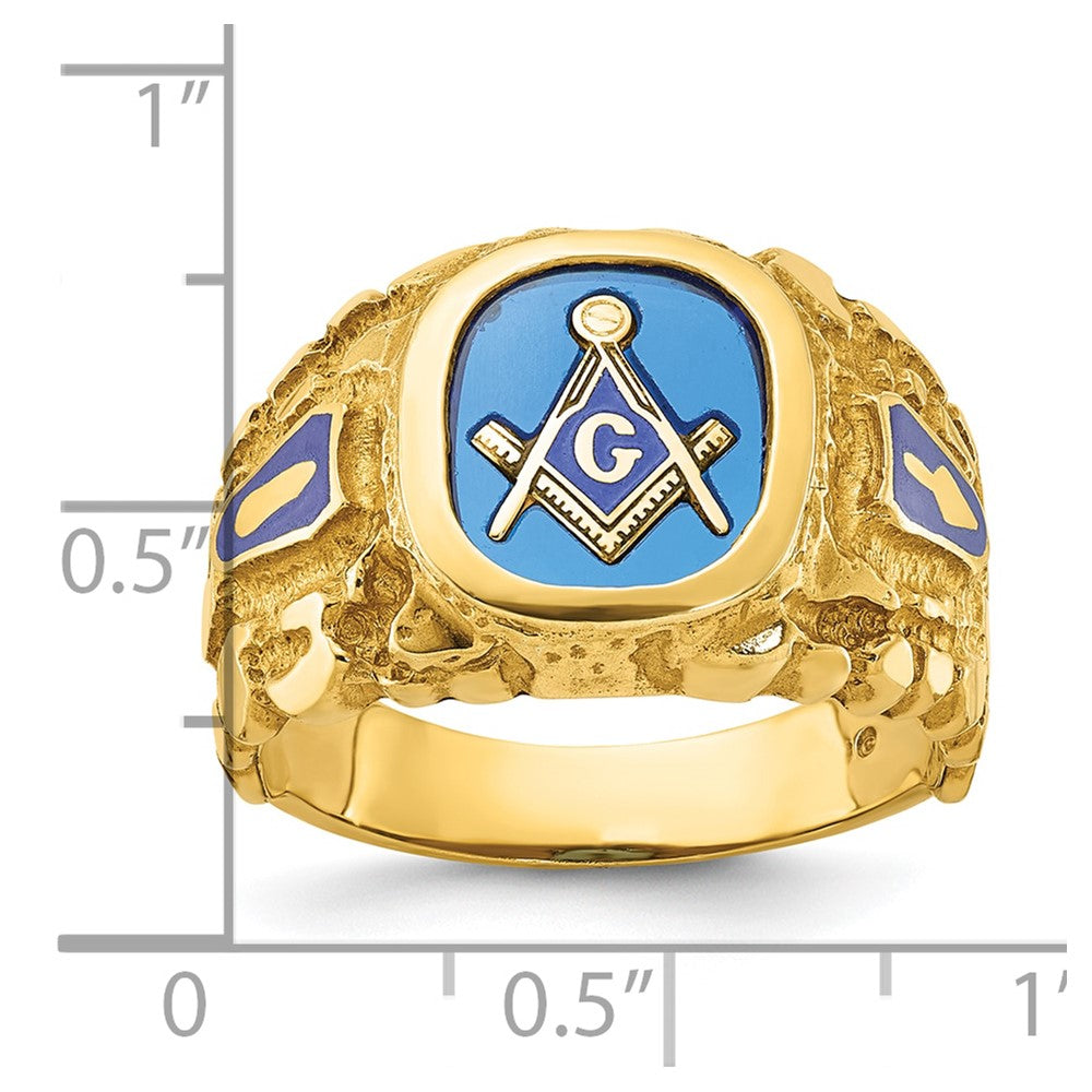 IBGoodman 14k Men's Polished and Nugget Textured with Blue Enamel and Lab Created Sapphire Blue Lodge Master Masonic Ring (8.22 grams)