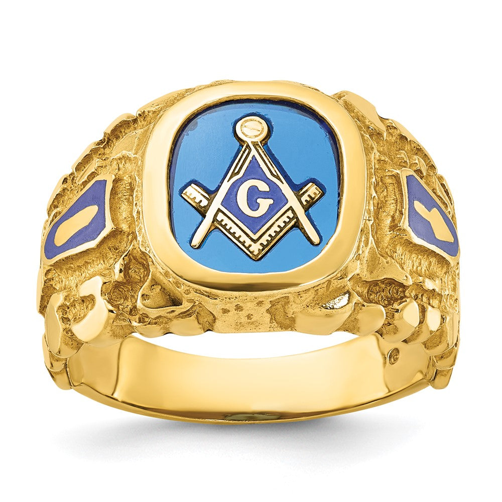 IBGoodman 14k Men's Polished and Nugget Textured with Blue Enamel and Lab Created Sapphire Blue Lodge Master Masonic Ring (8.22 grams)