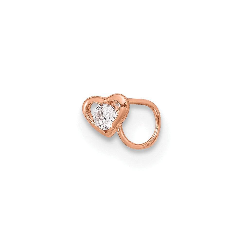 14K Rose Gold 23 Gauge CZ Heart Nose Post (0.1 grams)