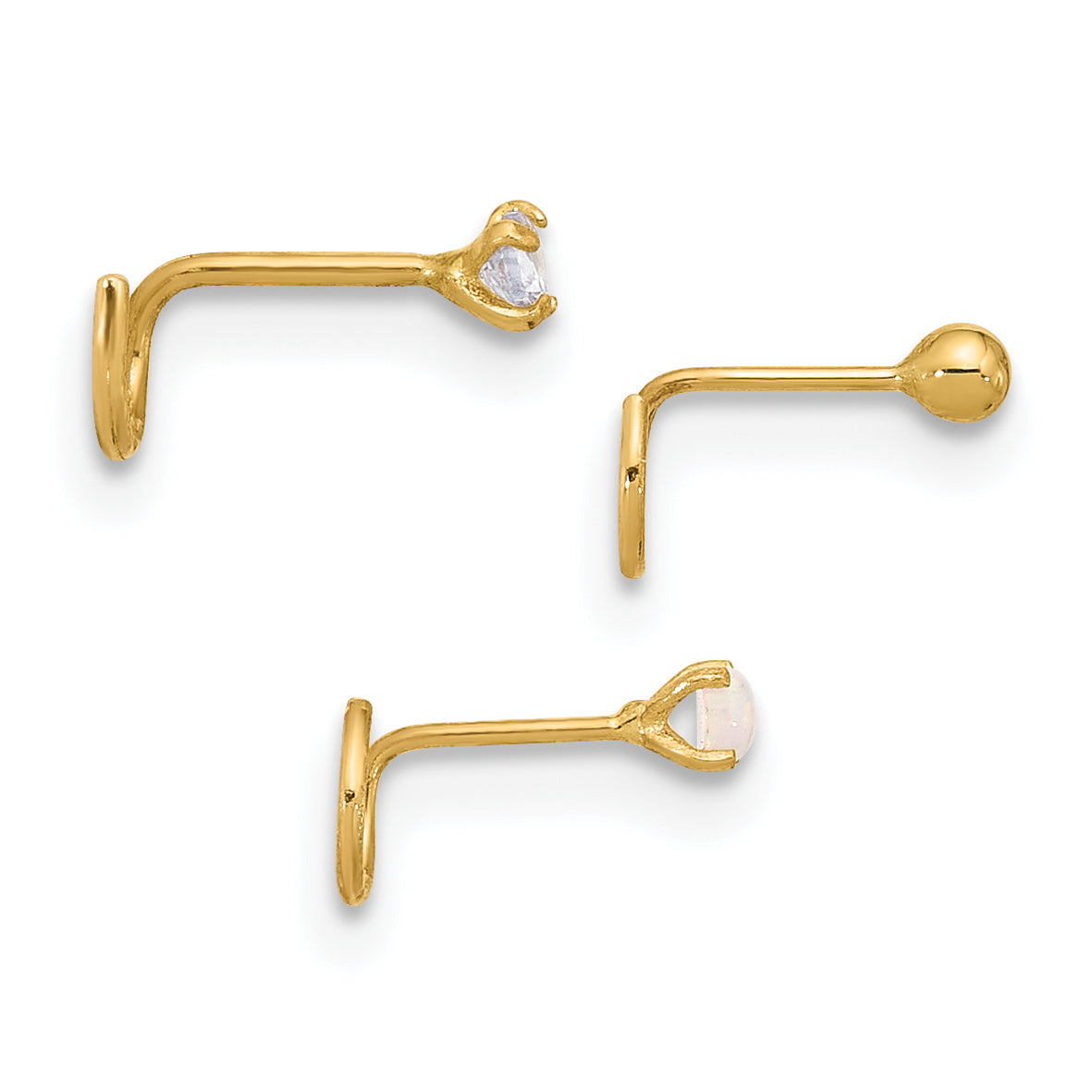 14K 22 Gauge CZ, Synthetic Opal and Ball Nose Post Set (0.22 grams)