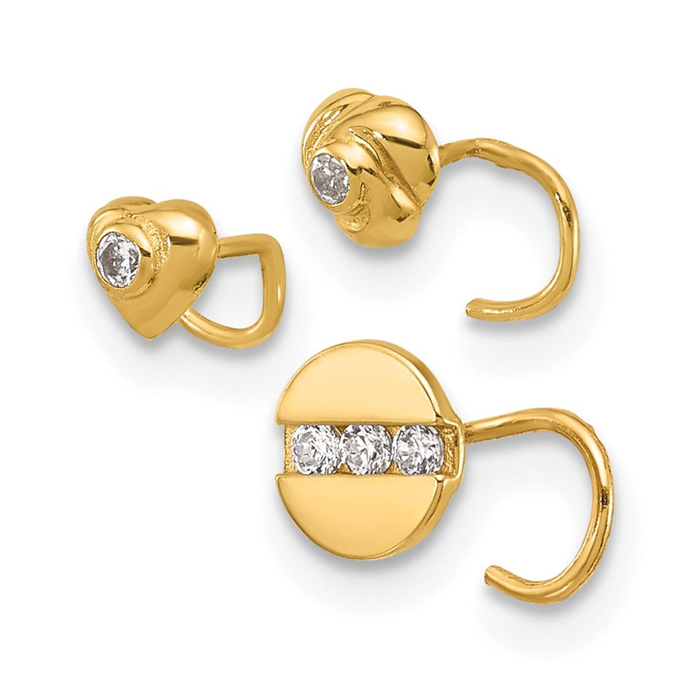 14K 22 Gauge CZ Heart, Flower, and Circle Nose Post Set (0.4 grams)