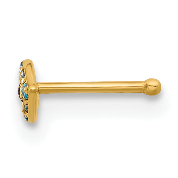 14K 20 Gauge Polished Blue CZ Evil Eye Nose Stud (0.14 grams)