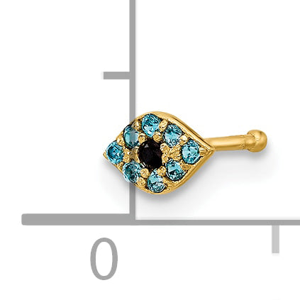 14K 20 Gauge Polished Blue CZ Evil Eye Nose Stud (0.14 grams)