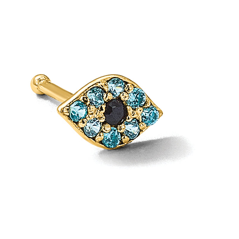 14K 20 Gauge Polished Blue CZ Evil Eye Nose Stud (0.14 grams)
