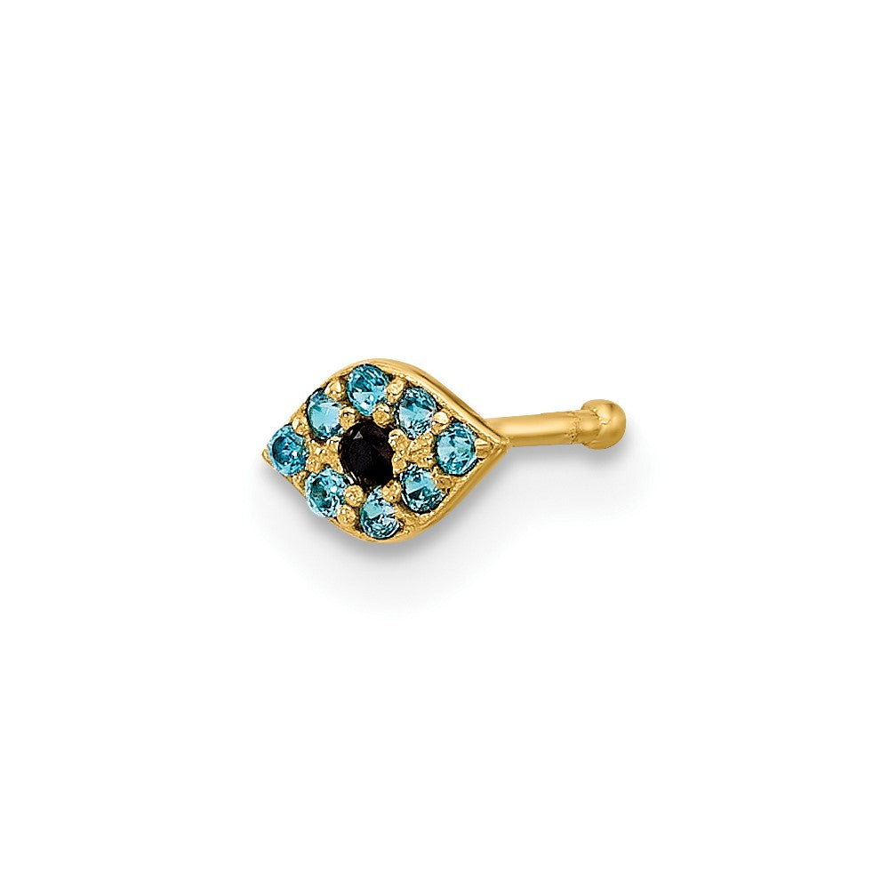14K 20 Gauge Polished Blue CZ Evil Eye Nose Stud (0.14 grams)