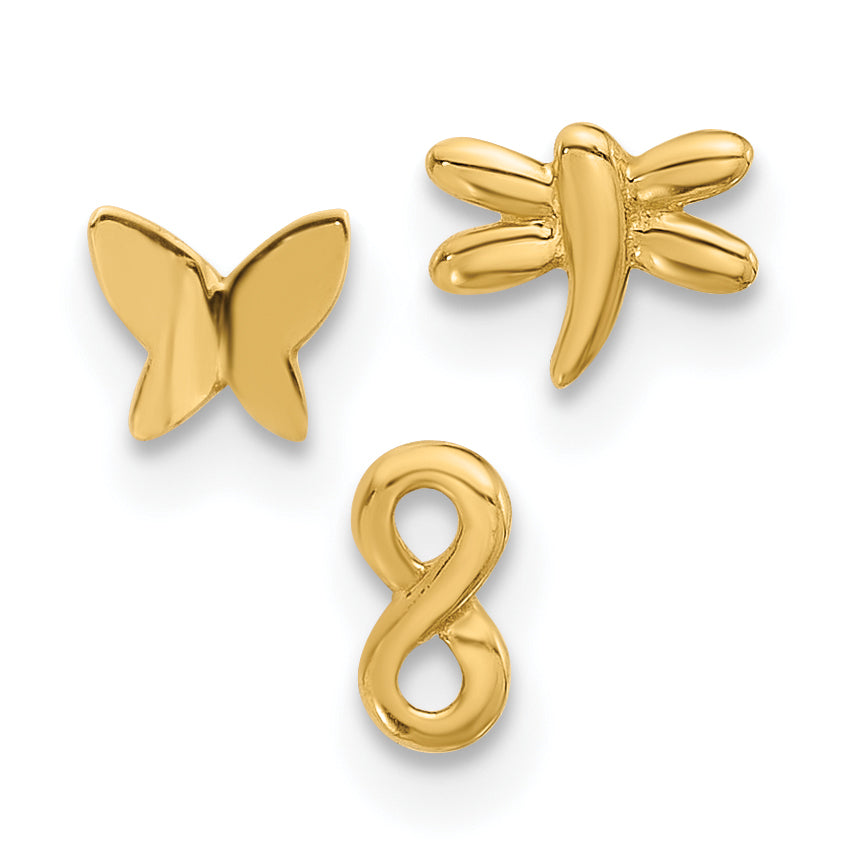 14K 22 Gauge Polished Infinity Symbol, Dragonfly and Butterfly Nose Stud (0.43 grams)