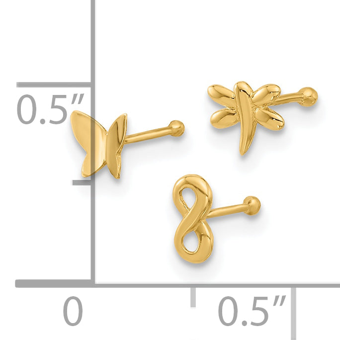 14K 22 Gauge Polished Infinity Symbol, Dragonfly and Butterfly Nose Stud (0.43 grams)