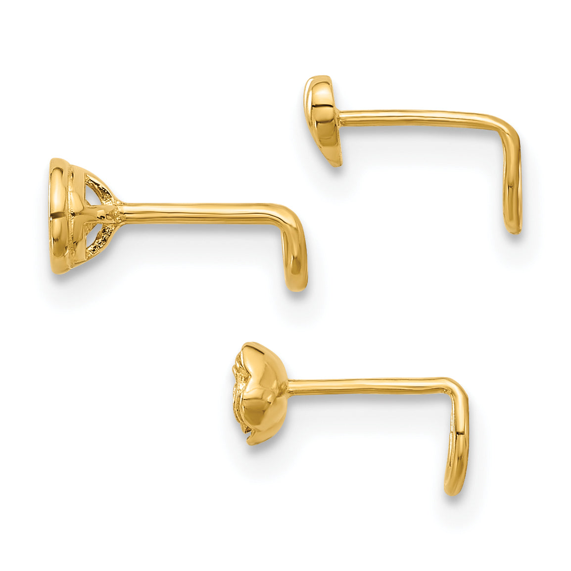 14K 22 Gauge Polished CZ, Flower and Heart Nose Ring Set (0.54 grams)